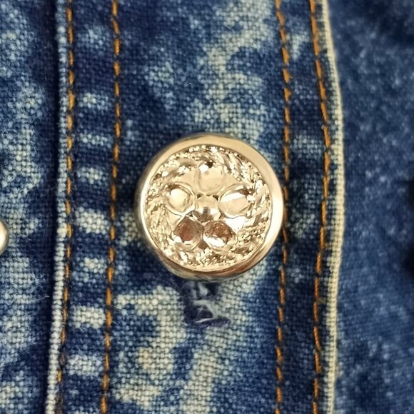 Vintage 80s Pret Embellished Blue Denim Shirt Dress XL Long Sleeve Button Up - Picture 3 of 8